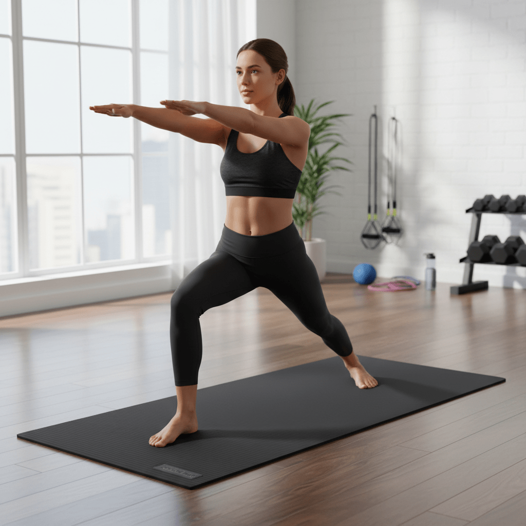 femme debout bras en avant sur tapis de sport noir