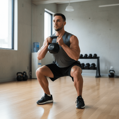 homme fait squat avec kettlebell